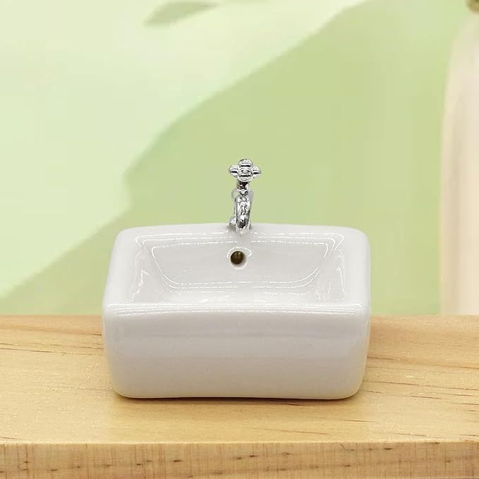 1:12 Scale Ceramic Sink with Removable Faucet - Miniature Dollhouse Bathroom and Kitchen Accessories for Victorian Style Decor, Realistic Doll House Furniture (Durable Resin Basin Set)