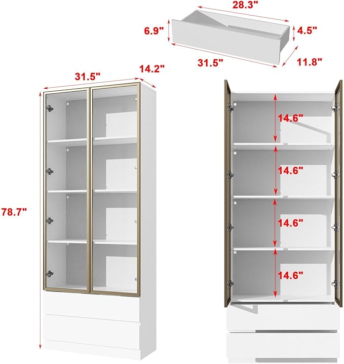 FAMAPY Display Cabinet with 2 Glass Doors and Lights, Display Case Cabinet with 4-Tier Storage Shelves and 2 Drawers, Pop-up Design, White and Champagne Gold (31.5”W x 14.2”D x 78.7”H)
