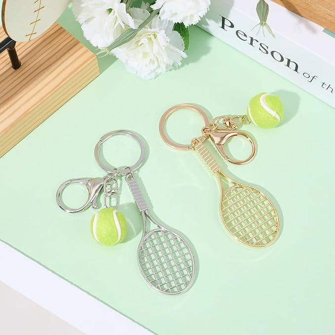 SOFPLATE 1 Box 2Pcs Tennis Bag Charm Mini Tennis Ball Keychain Sports Fan Key Chains Alloy Gold Silver Racket Hanging Metal Pendants Keyrings Charms for Purse Men Backpack Bag Lanyards Decorations