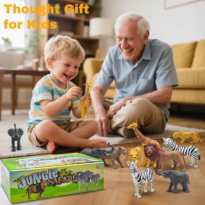 Safari Animals Figures, Plastic Zoo Animals Toys for Toddlers 3, Realistic Jungle Animal Figurines for Kids 3-5, 12Pcs Wild African Toys Birthday Gifts Christmas Stocking Stuffers