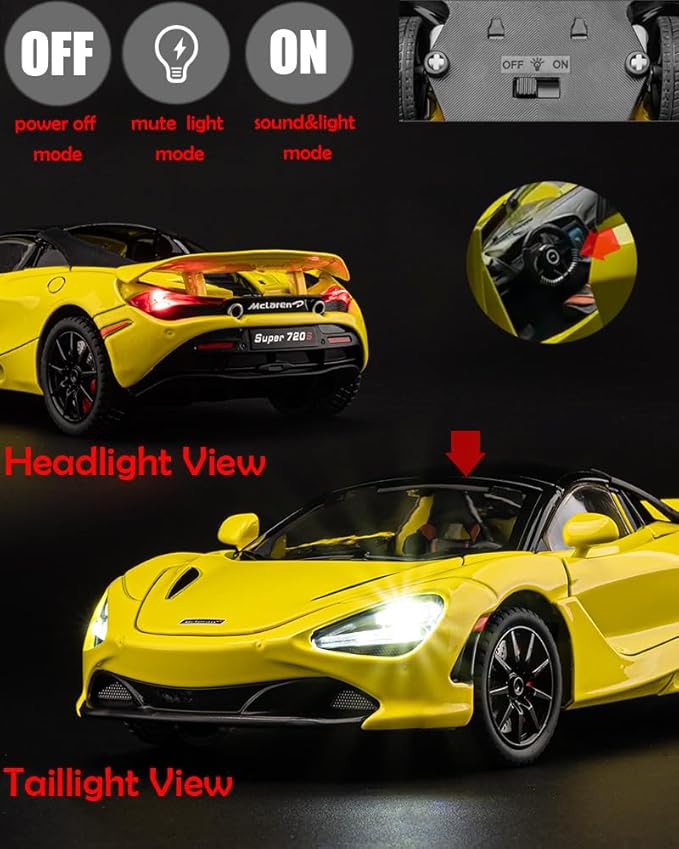 McLaren 720s Toy Cars Roadster Model 1/24 Yellow Alloy Collectibles Die-cast Vehicles with Sound and Light