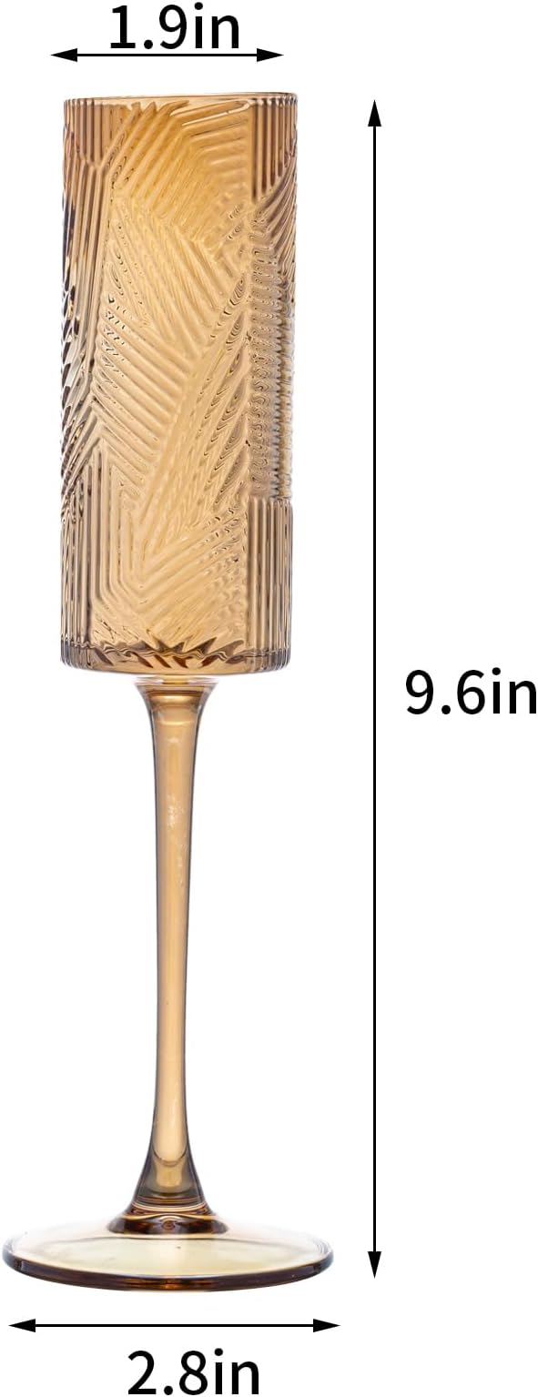 12 Pieces Amber Champagne Flutes,6 OZ Twill Pattern Striped Vintage Stem Glasses Stemware Wine Glasses Champagne Long Stem Drinking Colored Glasses Goblets for Wedding Cocktail Cups,Cava, Prosecco