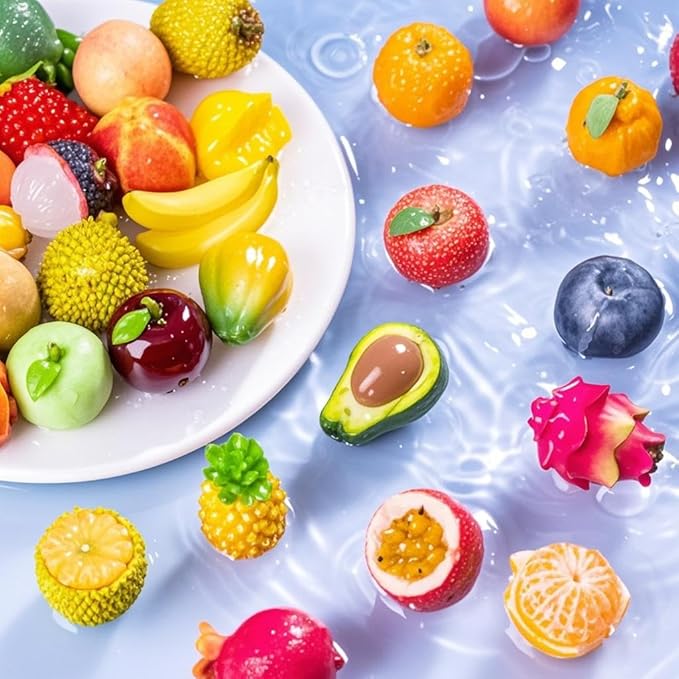 Exasinine 33pcs Miniature Fruits Figures Strawberry Peach Grapes Mini Resin Figures Artificial Fruit for Garden Kitchen Game Party Decor Cake Decoration