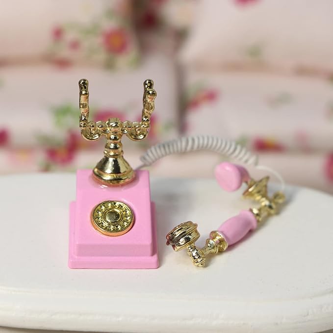 Dollhouse Telephone 1:12 Miniature Vintage Rotary Phone Model Desk Decoration Retro Mini Accessorries for Artificial House Living Room Scene (Pink)