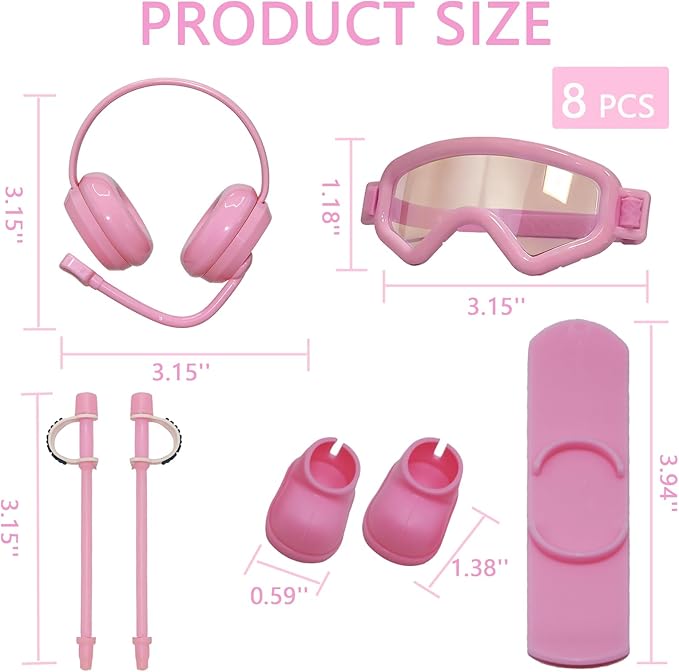 2026 New 8-Piece Ski & Snowboard Set for 17cm Dolls - Goggles, Headset, Ski Poles, Boots & Snowboards, Vinyl Figure Sports Adventure Collection (Doll is NOT Included) (Pink)