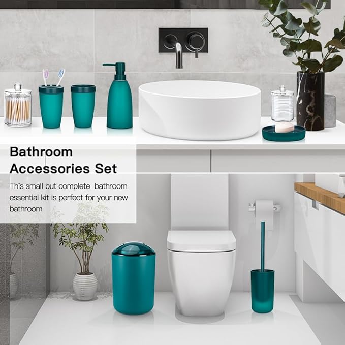 OTOSTAR Bathroom Accessory Set 8 Pcs Blue Bathroom Accessories Set Bathroom Set with Trash Can Soap Dispenser Toothbrush Holder Tumbler Soap Dish Toilet Brush Holder Qtip Holder (Blue)