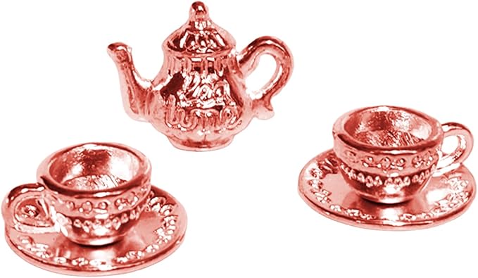 ‌3Pcs Miniature Tea Set Vintage Metal Teapot Coffee Cups, Dollhouse Kitchen Accessories, Tiny Coffee Shop Decor for Doll House Display