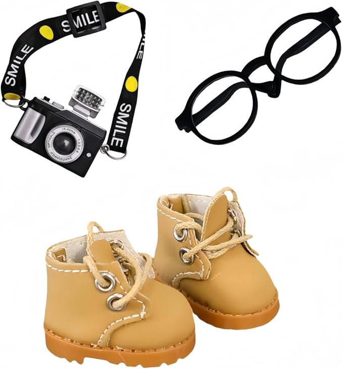 3 Pieces Doll Clothes Set Accessories, Mini Doll Martin Boots Glasses Camera Decoration for 17cm Dolls, Mini Finger Shoes, Cute Outfit Clothing Accessory for 1st/2nd/3rd Gen Monsters Doll