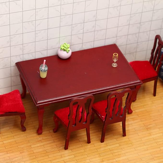Vintage Dollhouse Furniture Miniature Table and Chairs Set 1/12 Scale Accessories Wood Mini Victorian Dining Chair Set Red Kitchen Decorations Model