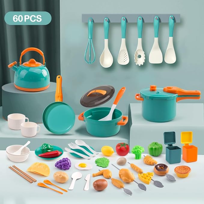 60Pcs Kids Mini Play Kitchen Accessories, Pretend Cooking Play Set with Cookware, Tableware & Fruit & BBQ Sets, Learning Gift for Boys, Girls, Toddlers,Green