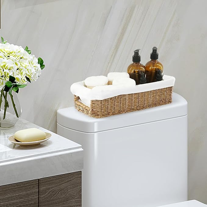YRMT Rattan Toilet Tank Basket Toilet Paper Storage Baskets for Bathroom Handwoven Toiletry Countertop Organizer Water-Resistant Home Decor 14" x 6" x 4" (Rattan)