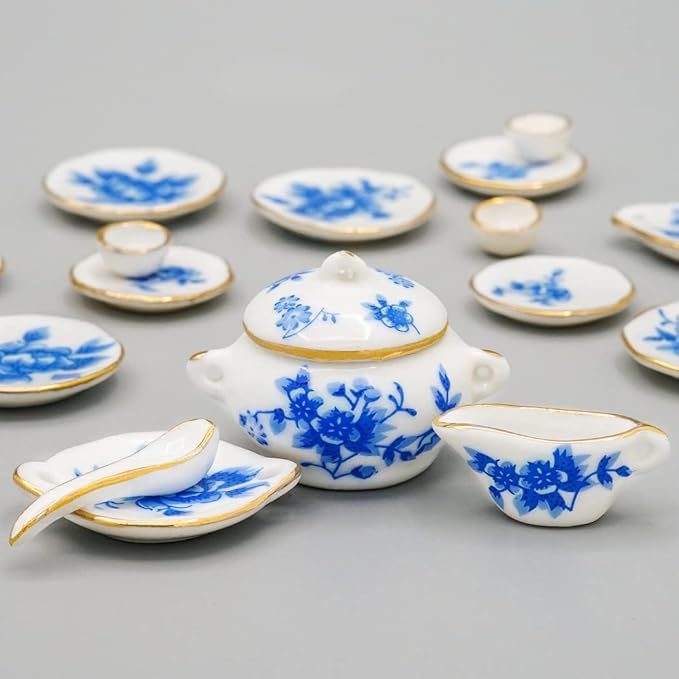 Odoria 1/12 Miniature Dish Dinnerware Set 17Pcs Dollhouse Decoration Accessories, Blue Blossom