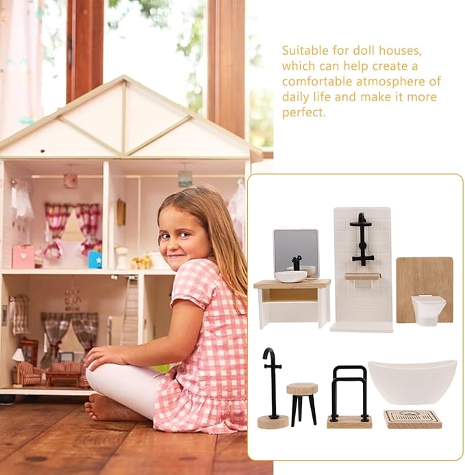 1set Dollhouse Miniature Bathroom Accessories Furniture Bathroom Set with Shower Room Decor Toilet Sink Bath for Dollhouse Mini Bathtub Toilet