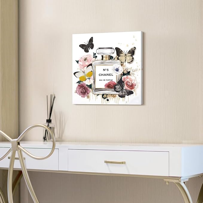 Dream Land Glam Perfume Bottle Wall Art: 20''x20'' Fashion Flowers Gold Butterfly Artwork for Makeup Room