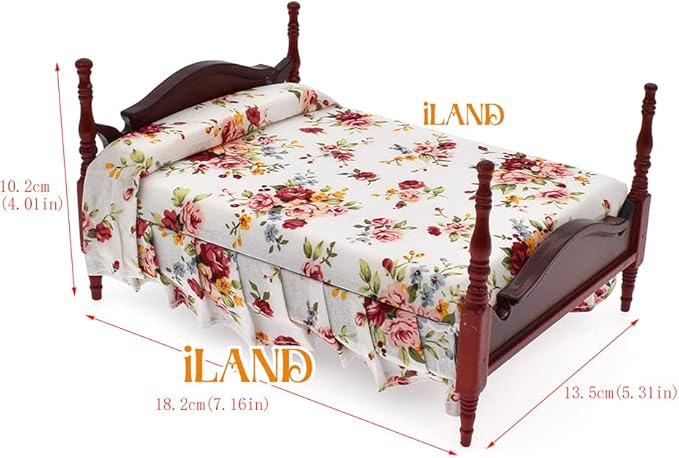 iLAND Wooden Dollhouse Furniture 1/12 Scale, Dollhouse Bedroom Furniture in Mahogany Color incl Dollhouse Bed & Dressing Table & Wardrobe (Classical Miniature Furniture 6pcs)