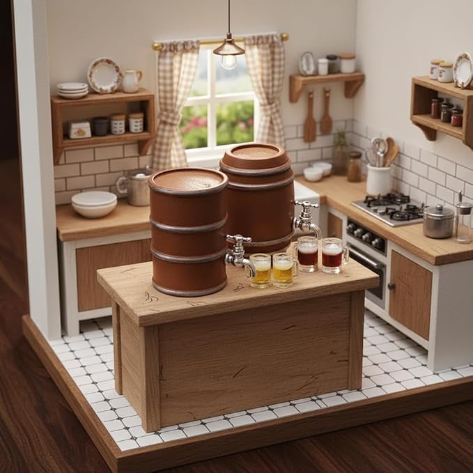 Miniature Beer and Wine Barrel Set with Mugs, Brown Wooden Style Kegs, 1:12 Scale Dollhouse Accessories, 6 Piece Collection