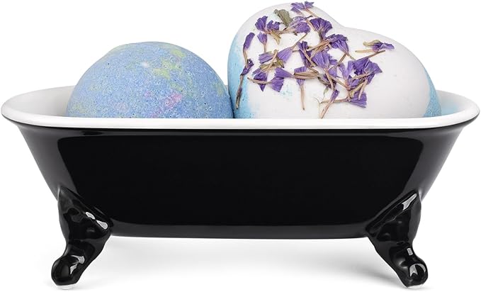 NEWHENGS 6.5" Ceramic Mini Decorative Clawfoot Bathtub Bar Soap Dish, Kitchen Sponge Holder and Shower Tray for Bathroom, 1 Pack(Black)