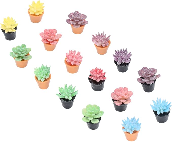 Dilwe 16Pcs Dollhouse Potted Plants, Mini Succulents Plants for Dollhouse Decoration, Resin 1:12 Scale Lifelike Appearance Colors Miniature Bonsai Plant Mini Potted Plant Flower Model