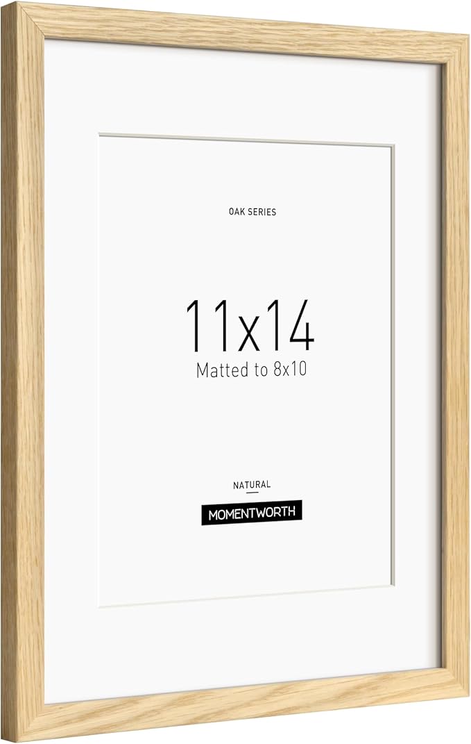 Momentworth 11x14 Picture Frame with Mat for 8x10, Solid Oak Wood 11x14 Frame with Tempered Glass for Wall Mount(Single,Oak)