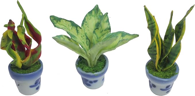 3 Pieces 1:12 Dollhouse Miniature Artificial Flower Plants in Ceramic Pot, Codiaeum Variegatum,Aglaonema,Sansevieria Dollhouse Accessories for Collectibles and Home Decoration