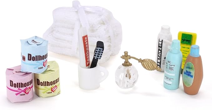 1:12 Scale Miniature Dollhouse Bathroom Accessories 12Pcs - Shampoo Perfume, Toothbrush Toothpaste, Toilet Paper Rolls, Towels