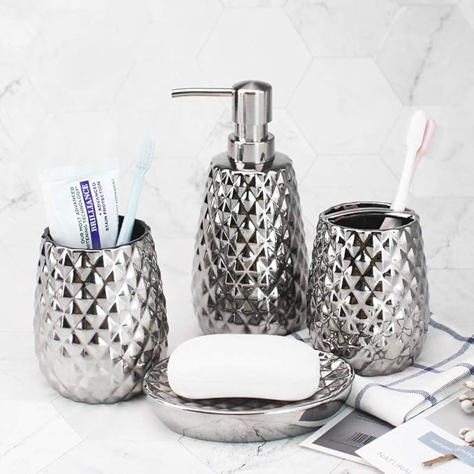 Silver Bathroom Accessories Set, Moroccan Trellis Bathroom Ensemble Complete Sets for Bath Decor Includes Soap Dispenser Pump, Toothbrush Holder, Tumbler, Soap Dish, Ideas Home Gift