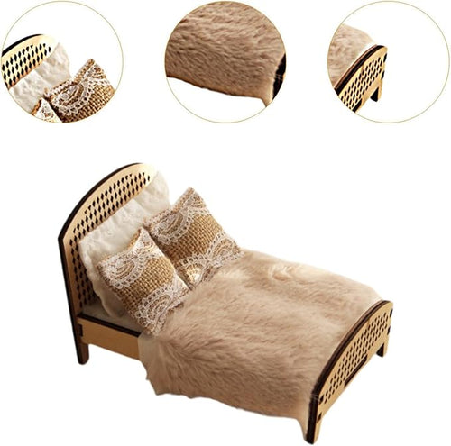 1:12 Scale Dollhouse Double Bed Miniature Bed DIY Scene Bedroom Micro Scene Mini Bed Accessory Miniature Dollhouse Furniture