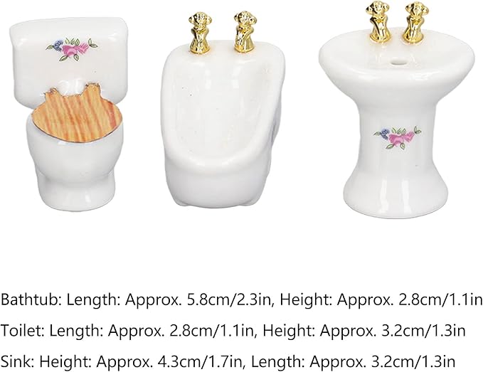 1:24 Dollhouse Miniature Bathroom Set, Ceramic Simulation Bathtub Toilet Sink, Miniature Furniture, Mini Ceramic Bathroom Furniture Set for Dollhouse Restroom Decoration (Flower Pattern)