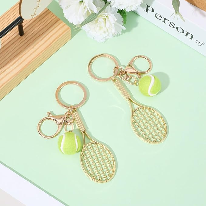 SOFPLATE 1 Box 2Pcs Tennis Charm Keychain Sport Ball Key Chains Gold Alloy Small Racket Metal Hanging Pendant Keyrings Bag Charms for Purse Handbags Men Car Keys Accessories Party Favor Decoration