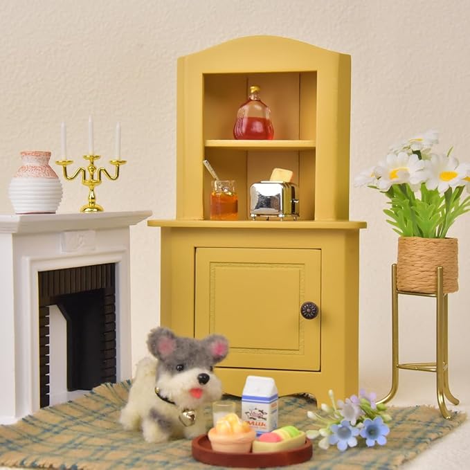 Miniature Dollhouse Closet 1:12 Scale Wooden Dollhouse Corner Cabinet for Mouse Hole Farm House - Birthday Gift for 3+ Year Old (Yellow)