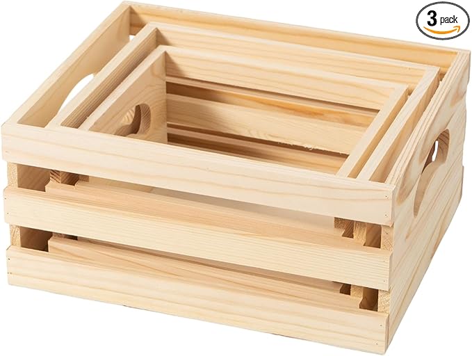 Set of 3 Rustic Wooden Nesting Crates with Handles, Decorative Wood Crates, Crate Box Wooden Storage Box for Kitchen, Office, Bedroom, Closet, Rustic Country Decor