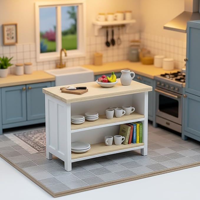 Miniature Dollhouse Kitchen Island, 1/12 Scale Wood Dining Table with Storage Shelves, Modern Furniture Accessories, Rectangular Mini Counter Shelving for Restaurant Pub Bar Decoration, White