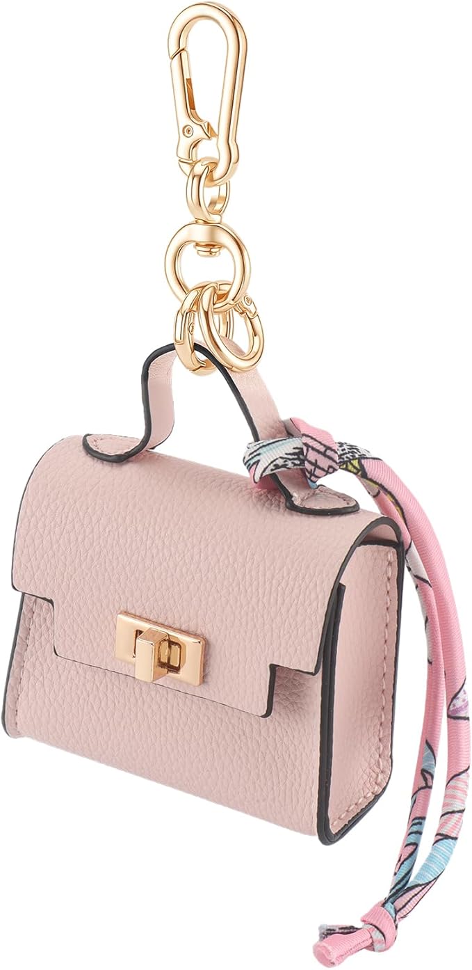 FENHIN Mini Backpack Keychain, Leather Small Coin Purse for Women, Cute Hand Bag Charms with Key Holder & Twist-lock (Pink)