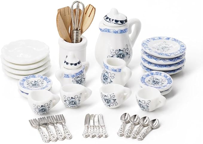 Odoria 1/12 Miniature Porcelain Tea Set Plates and Silverware Kitchen Utensils Dollhouse Accessories, Blue Petals