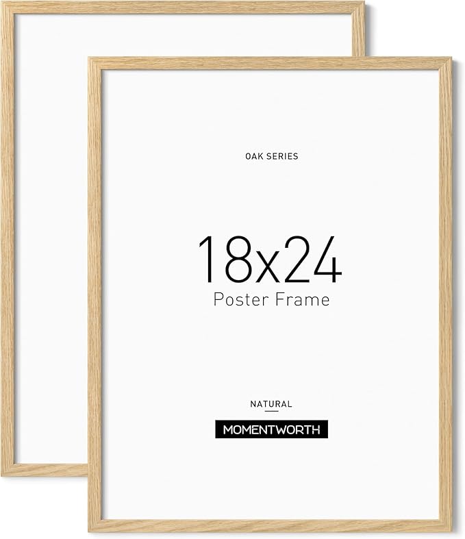 Momentworth Minimalist 18x24 Frame, Solid Oak Wood 18x24 Poster Frame for Wall Mount - Wall Decor for Home, Office & Galley (2 Pack,Oak)