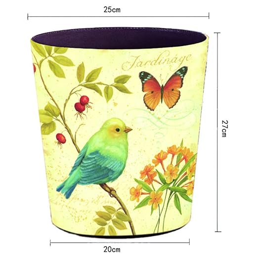 Scakbyer 10L/2.64 Gallon Trash Can, Decorative Waste Basket, PU Leather Waste Paper Basket, Waterproof Garbage Can for Bathroom, Bedroom, Office, Kitchen and Living Room - Green Bird