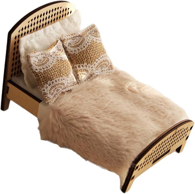 1:12 Scale Miniature Double Bed Unpainted Wood Furniture Model Craft Accessory Customizable Finish Bedroom Decoration for Pretend Play and Scene