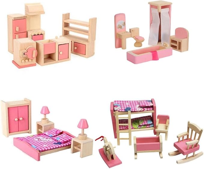 KunHe Wooden Dollhouse Furniture Set Including Kitchen Bathroom Bedroom Kid Room for Dollhouse Pink Color