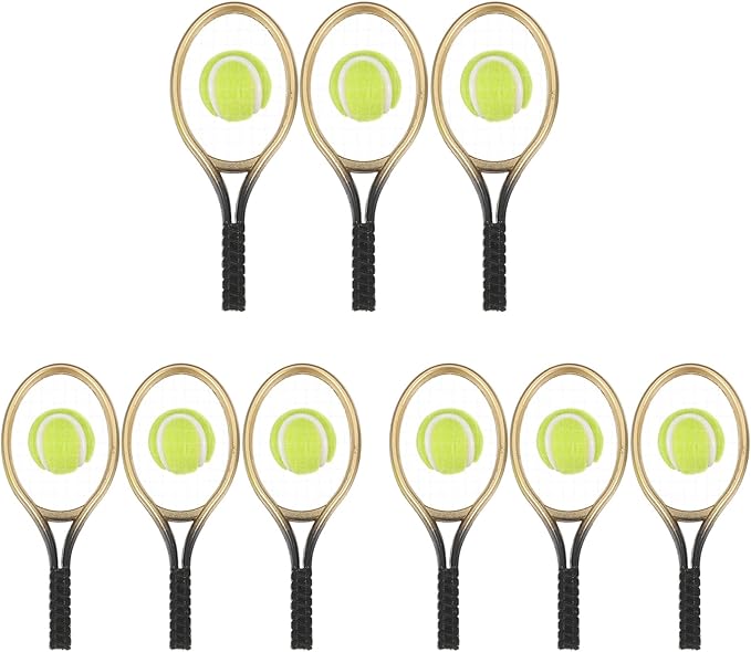 LOGOFUN 9 Sets Mini Tennis Racket and Ball Set 1:12 Miniature Tennis Racquet Kit Dollhouse Tennis Toy Mini Tennis Cake Topper for Sports Equipment Dollhouse Decorations Accessories