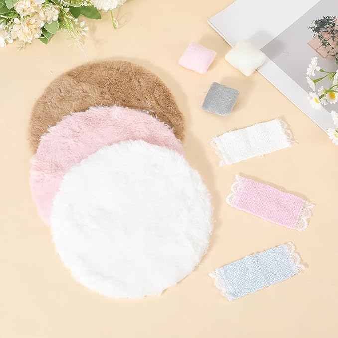 GORGECRAFT 3 Sets Miniature Carpet 3pcs Dollhouse Pillow 3pcs Dollhouse Towels Mini Doll House Decor Polyester Fluffy 1/12 Scale Miniature Doll House Round Rug for Furniture Decoration Bedroom