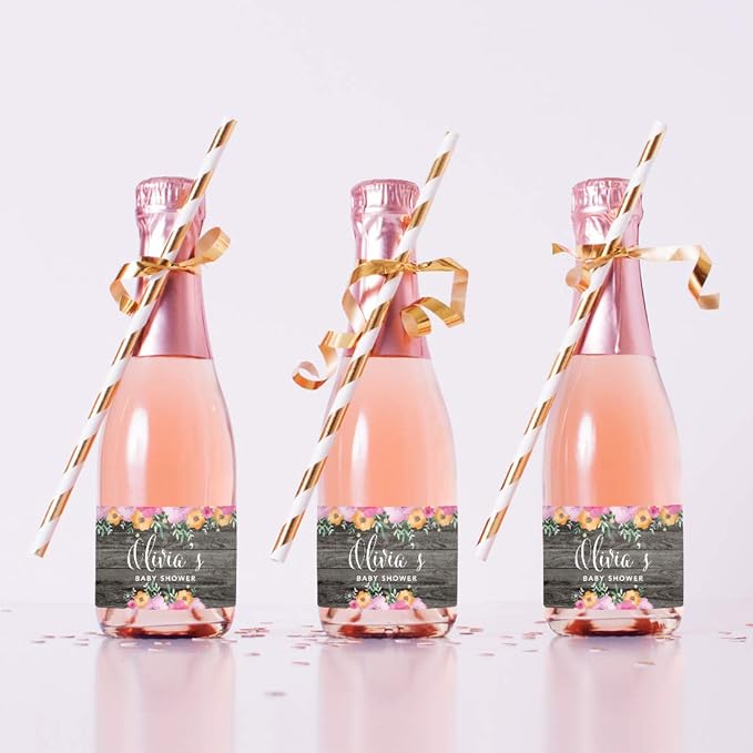 Andaz Press Personalized Mini Champagne Wine Bottle Labels, Olivia's Baby Shower, Date, Rustic Gray Wood Floral Flowers, 20-Pack, Custom Mini Champagne Favor Gift Stickers for Baby Shower