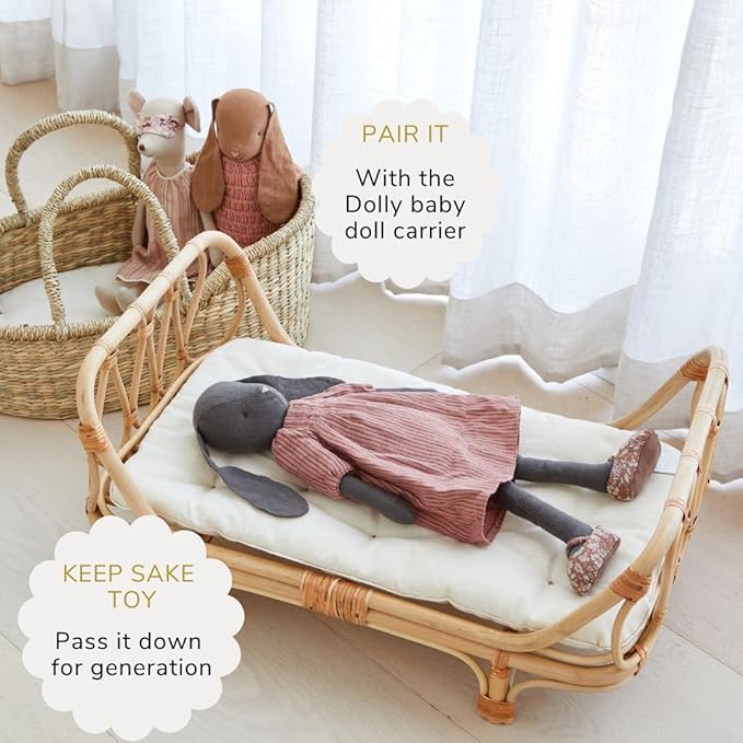BEBE BASK Large Premium Rattan Doll Bed 20 x 12 x 10- Handcrafted & Award-Winning - Sized for 18-Inch Dolls - Fits American Girl & Our Generation - Luxe Mattress - Baby Photoshoot Props (Large)