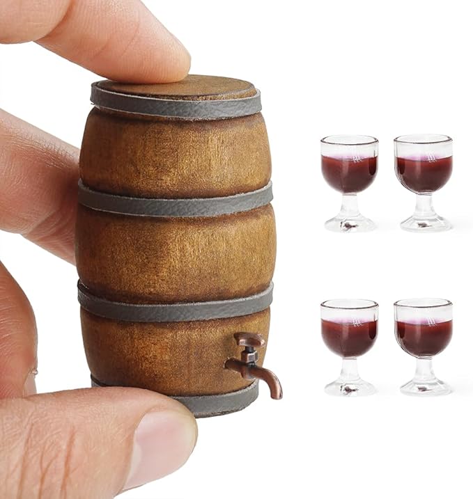 Odoria Dollhouse Wine Barrel and Glasses: 5Pcs 1/12 Scale Miniature Aging Barrels for Rustic Garden Retro Farmhouse Vintage Restaurant Bar Kitchen - Mini Drinking Liquor Alcohol Props DIY for Craft