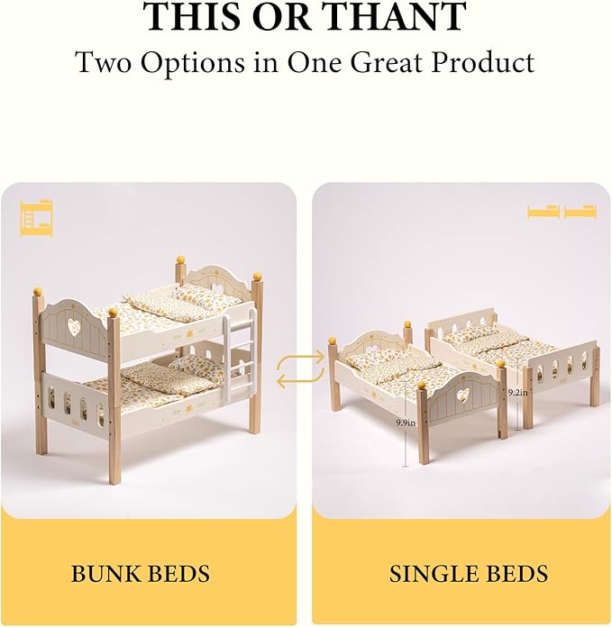 ROBUD Baby Doll Crib, Wooden Baby Doll Beds for 20 Inch Dolls, Baby Doll Bunk Beds with Tulle, American Girl Doll Bed for Gifts, WRP12