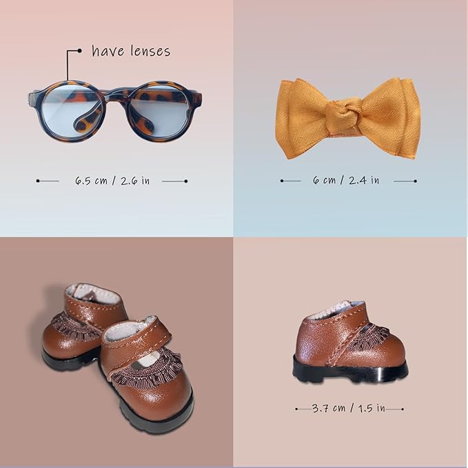Clothes for 6.7in/17cm Dolls (Without Dolls) Sets and Accessories,6PCS (Hat + Bow + Glasses + Shawl + Pants + Shoes), Collectors and As Gifts. (Academic Style-Brown)