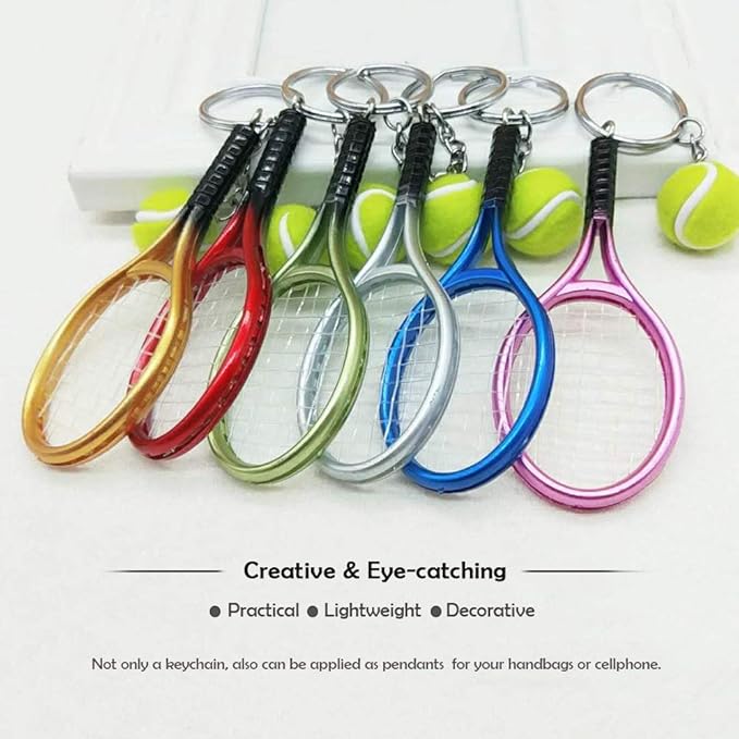 AUHOKY 6Pcs Mini Tennis Racket Keychain Key Ring, Fashionable Alloy Tennis Ball Split Ring, Sport Style Split Keychain for Sport Lovers Team - Exquisite & Lightweight(6 Colors)