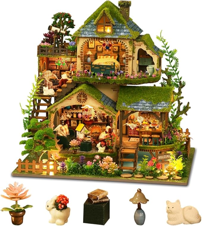 DIY Miniature Dollhouse Kit Forest Cottage Dollhouse Handcrafted Wooden Miniature House with LED Light for Adults Unique Gifts for Teens (Forest Adventure)