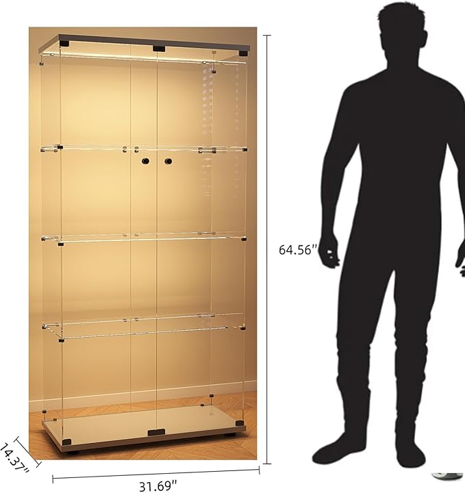 Modern 4-Tier Glass Display Shelf with 2 Doors, Curio Cabinet Collection - Floor Standing Display Case for Living Room, Bedroom, Home Office - 30" W x 14.5" D x 64" H (White with LED Light Strip)