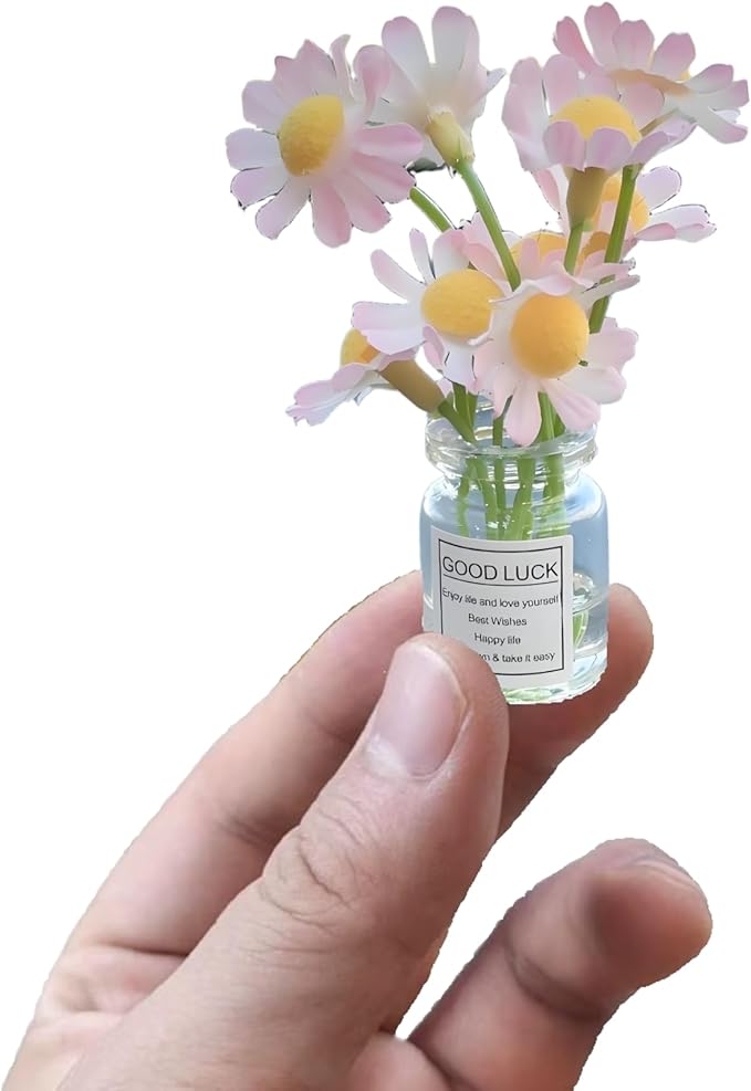 2Pcs Miniature Flower Vases with White & Pink Daisies – Realistic Handmade Dollhouse Accessories for 1:6/1:8 Scale, Fairy Garden Props, DIY Craft Elements, Cupcake Decor,Micro Landscape Embellishments