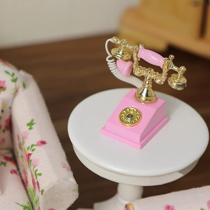Dollhouse Telephone 1:12 Miniature Vintage Rotary Phone Model Desk Decoration Retro Mini Accessorries for Artificial House Living Room Scene (Pink)